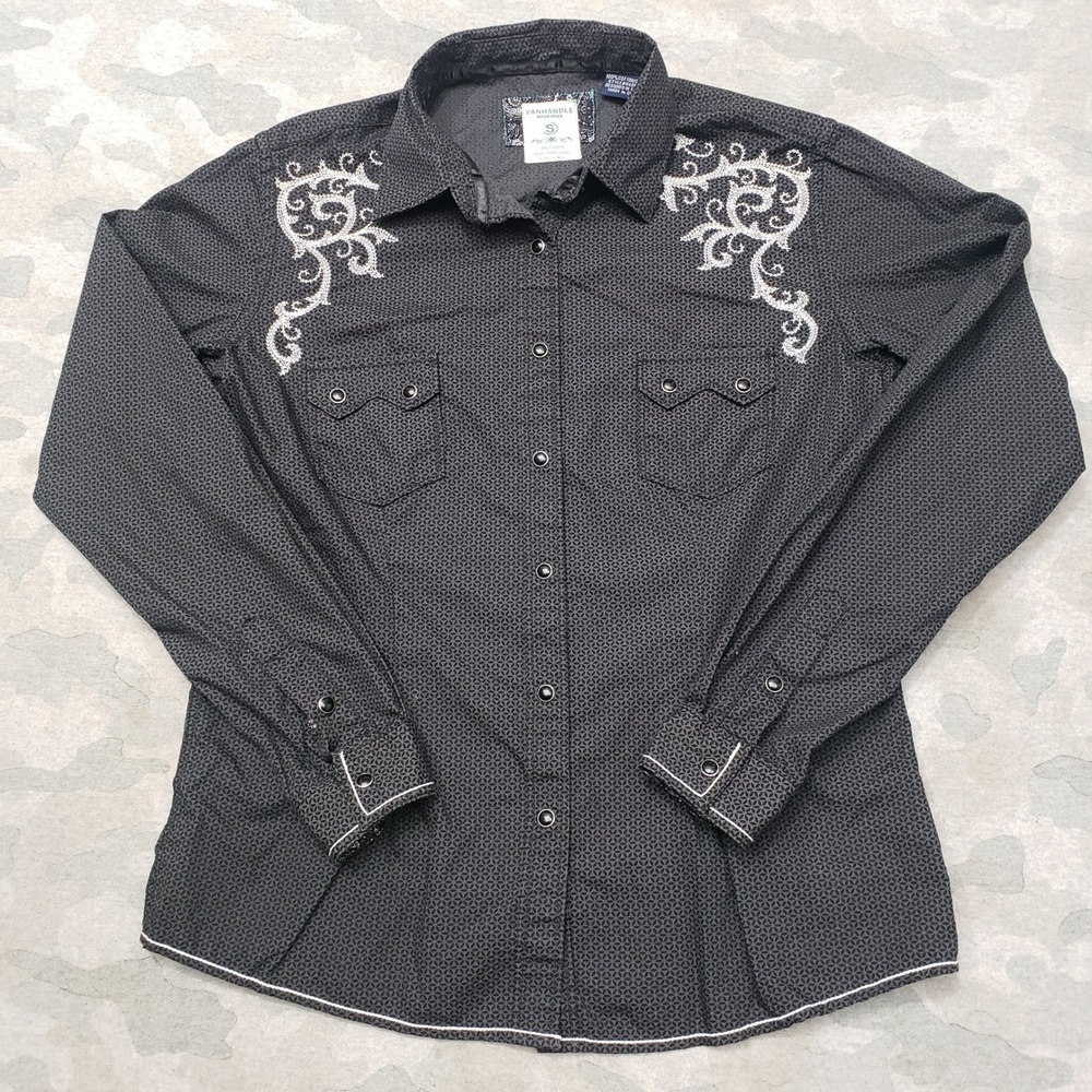 Panhandle Rough Stock Top Womens Small Black Western Pearl Snap Long Seeve
